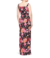 Kay Unger Nicole Floral Print Organza Square V-Neck Sleeveless Side Slit Gown