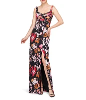 Kay Unger Nicole Floral Print Organza Square V-Neck Sleeveless Side Slit Gown