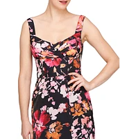 Kay Unger Nicole Floral Print Organza Square V-Neck Sleeveless Side Slit Gown