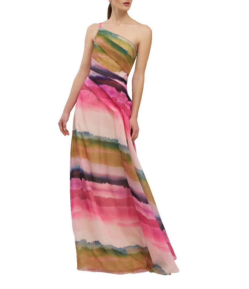 Kay Unger Organza Ombre Stripe One-Shoulder Pleated Ball Gown