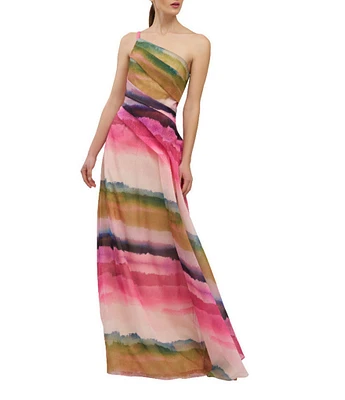 Kay Unger Organza Ombre Stripe One-Shoulder Pleated Ball Gown