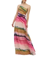 Kay Unger Organza Ombre Stripe One-Shoulder Pleated Ball Gown