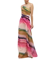 Kay Unger Organza Ombre Stripe One-Shoulder Pleated Ball Gown