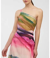 Kay Unger Organza Ombre Stripe One-Shoulder Pleated Ball Gown