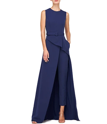 Kay Unger Owen Stretch Crepe Crew Neck Sleeveless Drape Ruffle Belted Straight Leg Walkthrough Gown