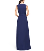 Kay Unger Owen Stretch Crepe Crew Neck Sleeveless Drape Ruffle Belted Straight Leg Walkthrough Gown