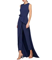 Kay Unger Owen Stretch Crepe Crew Neck Sleeveless Drape Ruffle Belted Straight Leg Walkthrough Gown