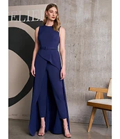 Kay Unger Owen Stretch Crepe Crew Neck Sleeveless Drape Ruffle Belted Straight Leg Walkthrough Gown