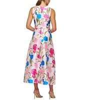 Kay Unger Payton Iris Jacquard Surplice V-Neck Sleeveless Pleated Floral Midi A-Line Gown