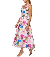 Kay Unger Payton Iris Jacquard Surplice V-Neck Sleeveless Pleated Floral Midi A-Line Gown
