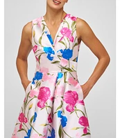 Kay Unger Payton Iris Jacquard Surplice V-Neck Sleeveless Pleated Floral Midi A-Line Gown