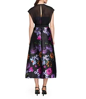 Kay Unger Peony Bouquet Mikado V-Neck Cap Sleeve Belted A-Line Dress