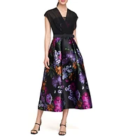 Kay Unger Peony Bouquet Mikado V-Neck Cap Sleeve Belted A-Line Dress