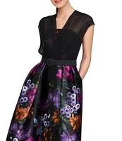 Kay Unger Peony Bouquet Mikado V-Neck Cap Sleeve Belted A-Line Dress