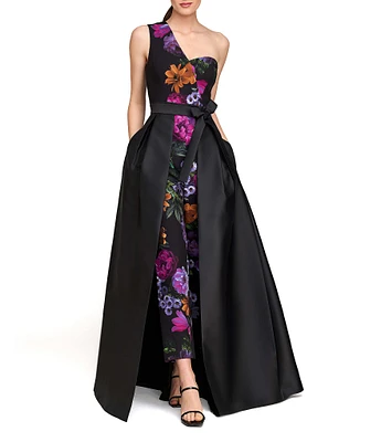 Kay Unger Peony Bouquet Print Mikado One Shoulder Sleeveless Belted Sash Straight Leg Walk Through Gown