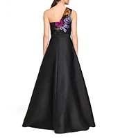 Kay Unger Peony Bouquet Print Mikado One Shoulder Sleeveless Belted Sash Straight Leg Walk Through Gown