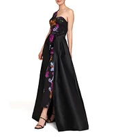 Kay Unger Peony Bouquet Print Mikado One Shoulder Sleeveless Belted Sash Straight Leg Walk Through Gown