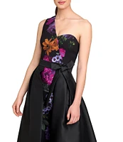 Kay Unger Peony Bouquet Print Mikado One Shoulder Sleeveless Belted Sash Straight Leg Walk Through Gown