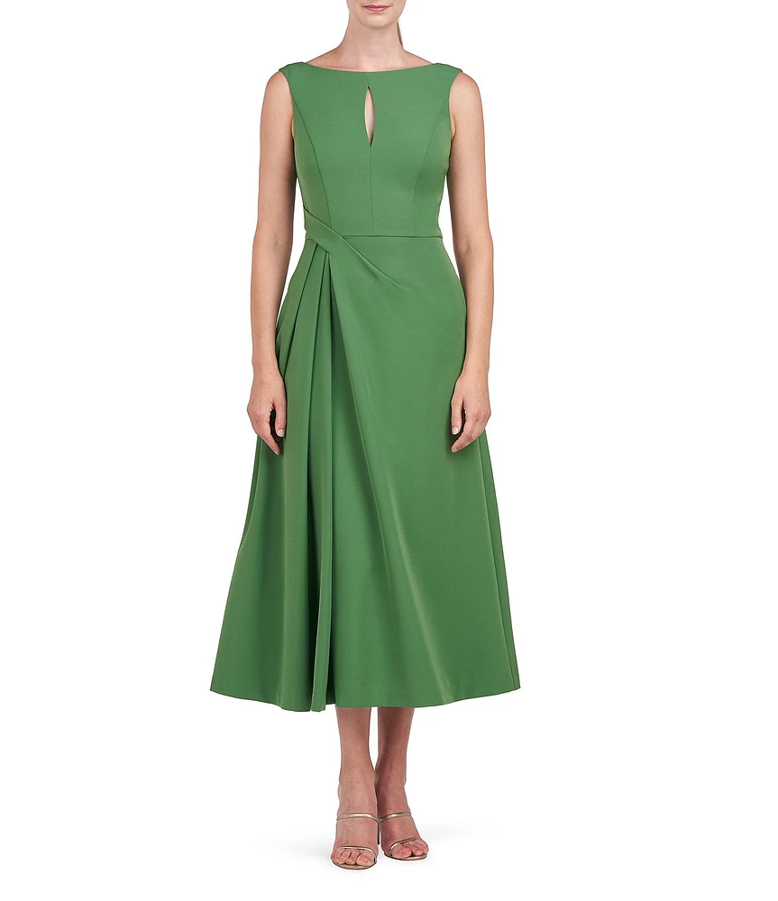 Kay Unger Prewitt Stretch Crepe Boat Neck Sleeveless Pleated Side Tea Dress