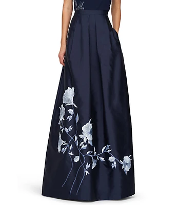 Kay Unger Rosa Mikado Floral Print High Rise Pleated Gown Skirt