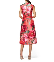 Kay Unger Rosemund V-Neck Cap Sleeve Belted Floral Print Mikado Midi Dress