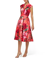 Kay Unger Rosemund V-Neck Cap Sleeve Belted Floral Print Mikado Midi Dress