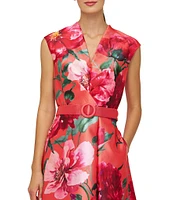 Kay Unger Rosemund V-Neck Cap Sleeve Belted Floral Print Mikado Midi Dress
