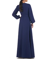 Kay Unger Ruched Jewel Neck Long Blouson Sleeve Stretch Crepe Gown