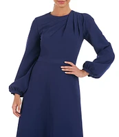 Kay Unger Ruched Jewel Neck Long Blouson Sleeve Stretch Crepe Gown