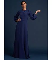 Kay Unger Ruched Jewel Neck Long Blouson Sleeve Stretch Crepe Gown