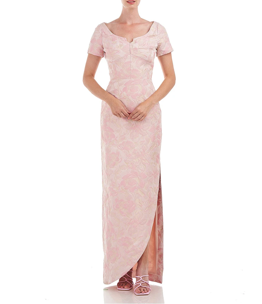 Kay Unger Scoop Neckline Short Sleeve Side Slit Gown