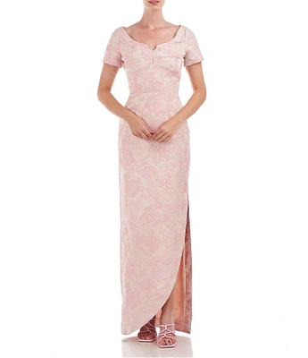 Kay Unger Scoop Neckline Short Sleeve Side Slit Gown