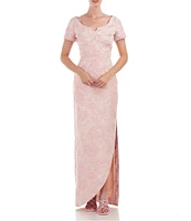 Kay Unger Scoop Neckline Short Sleeve Side Slit Gown
