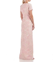 Kay Unger Scoop Neckline Short Sleeve Side Slit Gown
