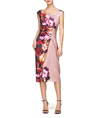 Kay Unger Stretch Charmeuse Floral Print Asymmetrical V-Neck Cap Sleeve Shirred Side Midi Dress