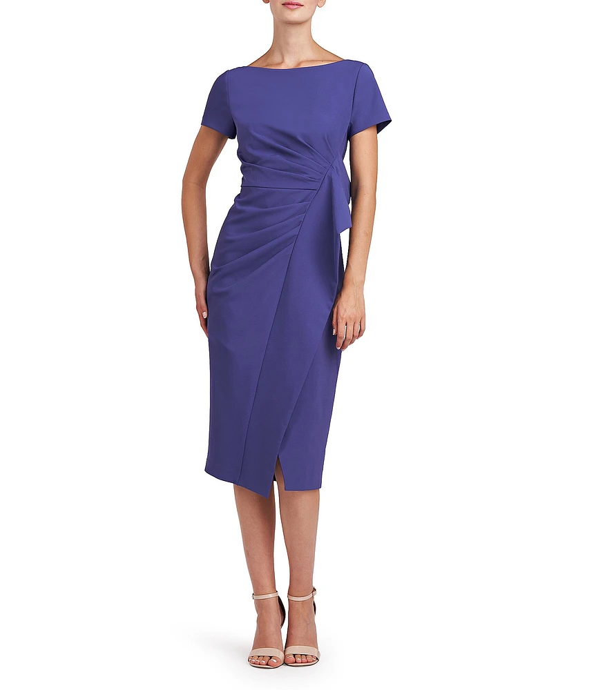 Kay Unger Stretch Crepe Boat Neckline Short Sleeve Pleated Bodice Midi Dress