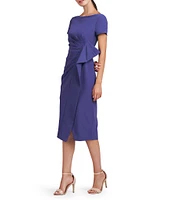 Kay Unger Stretch Crepe Boat Neckline Short Sleeve Pleated Bodice Midi Dress