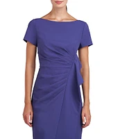 Kay Unger Stretch Crepe Boat Neckline Short Sleeve Pleated Bodice Midi Dress