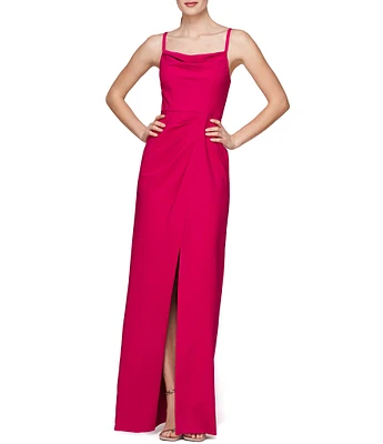 Kay Unger Stretch Crepe Cowl Neck Sleeveless V-Back Front Slit Gown