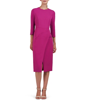 Kay Unger Stretch Crepe Crew Neck 3/4 Sleeve Draped Waist Front Slit Knee Length Sheath Dress