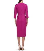 Kay Unger Stretch Crepe Crew Neck 3/4 Sleeve Draped Waist Front Slit Knee Length Sheath Dress