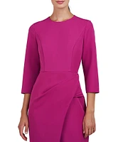 Kay Unger Stretch Crepe Crew Neck 3/4 Sleeve Draped Waist Front Slit Knee Length Sheath Dress