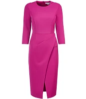 Kay Unger Stretch Crepe Crew Neck 3/4 Sleeve Draped Waist Front Slit Knee Length Sheath Dress