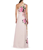 Kay Unger Stretch Crepe Floral Border Print One Shoulder Sleeveless Gown