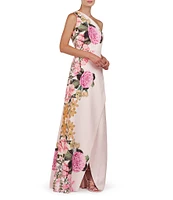 Kay Unger Stretch Crepe Floral Border Print One Shoulder Sleeveless Gown