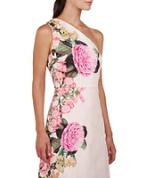 Kay Unger Stretch Crepe Floral Border Print One Shoulder Sleeveless Gown