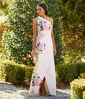 Kay Unger Stretch Crepe Floral Border Print One Shoulder Sleeveless Gown