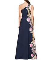 Kay Unger Stretch Crepe Floral Border Print One Shoulder Sleeveless Gown