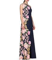 Kay Unger Stretch Crepe Floral Border Print One Shoulder Sleeveless Gown