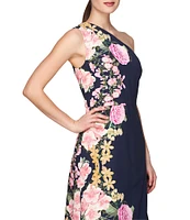 Kay Unger Stretch Crepe Floral Border Print One Shoulder Sleeveless Gown